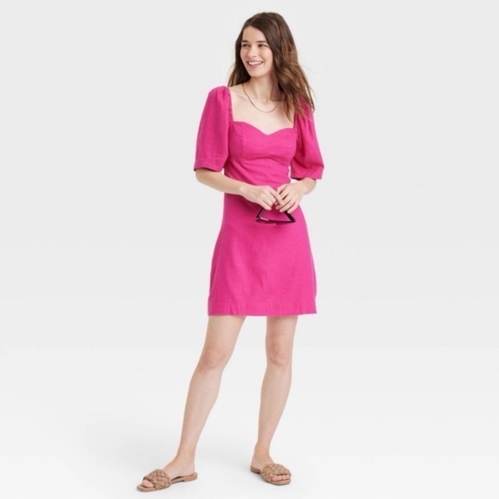 A New Day Hot Pink Sweetheart Neckline Linen Blend Dress Size L